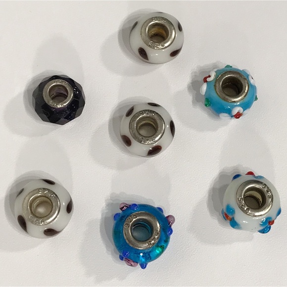 925 Sterling Silver Lampwork Art Glass Pandora Style Beads Lot Set 7 Charms - Picture 7 of 7